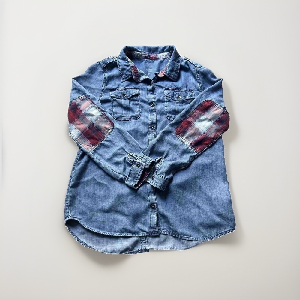 GAP Kids x Pendleton Soft Chambray Shirt XXL Denim Plaid Elbows Cowboy Rodeo